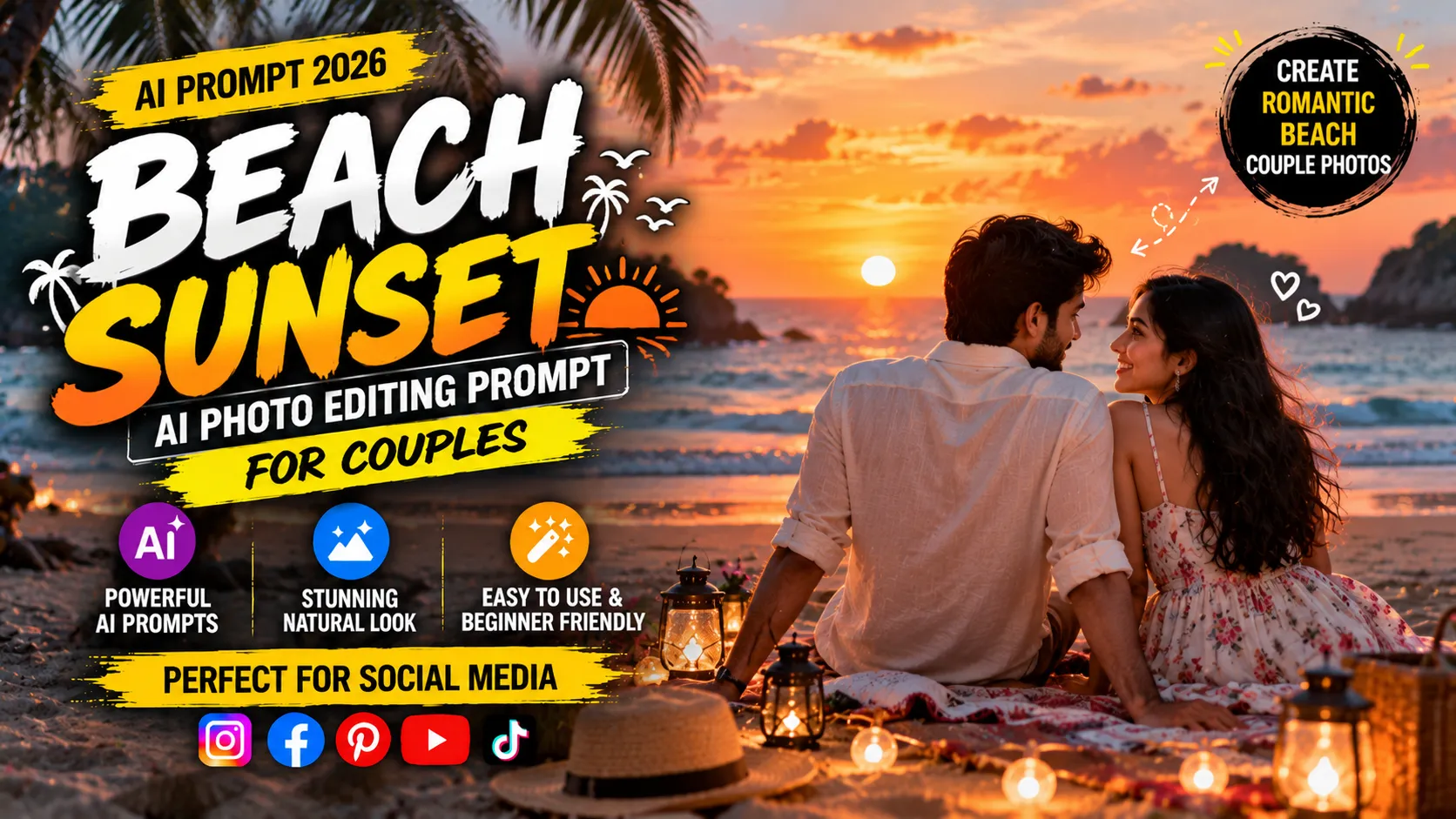 Romantic Beach Sunset AI Photo Editing Prompts for Couples & Golden Hour Portraits