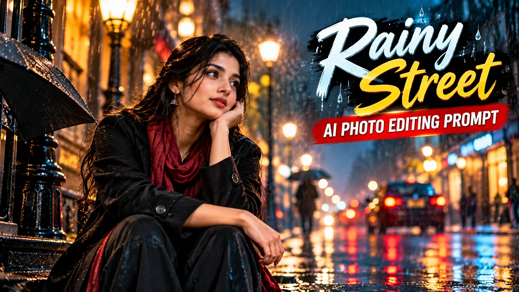 Rainy Street AI Photo Editing Prompts: Neo-Noir Reflections & Cinematic Urban Night Portraits
