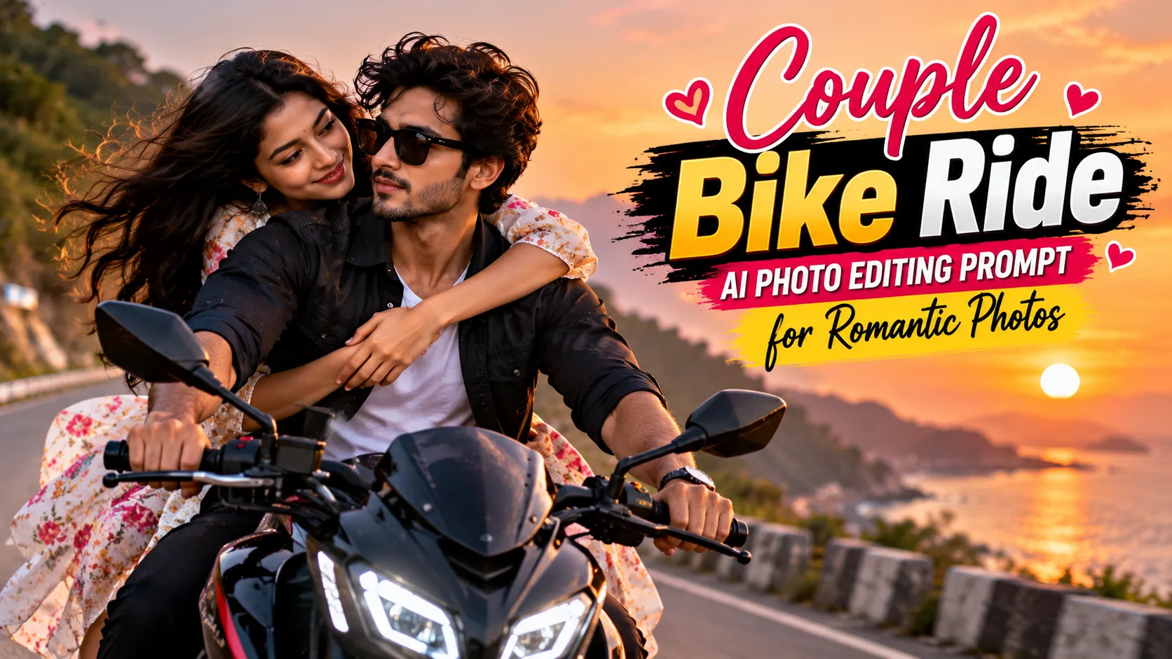 Romantic Couple Bike Ride AI Photo Editing Prompts: Cinematic Sunset Highway Portraits